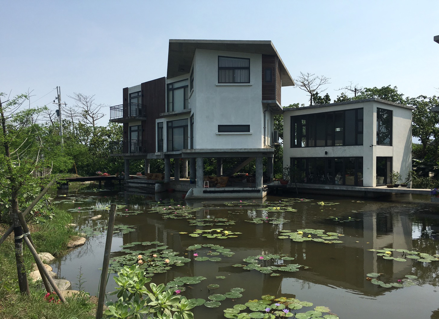 高腳屋民宿外觀與荷花池